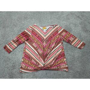 Ruby Rd Top Womens Large Floral Chevron Striped 3/4 Sleeve‎ Twist Detail Front